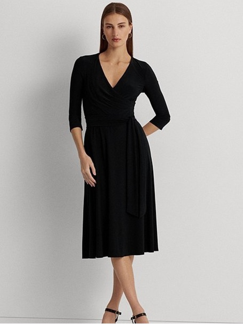 NWT Lauren Ralph Lauren Black Size 16 Wrap V-Neck 3/4 Sleeve Jersey Midi Dress